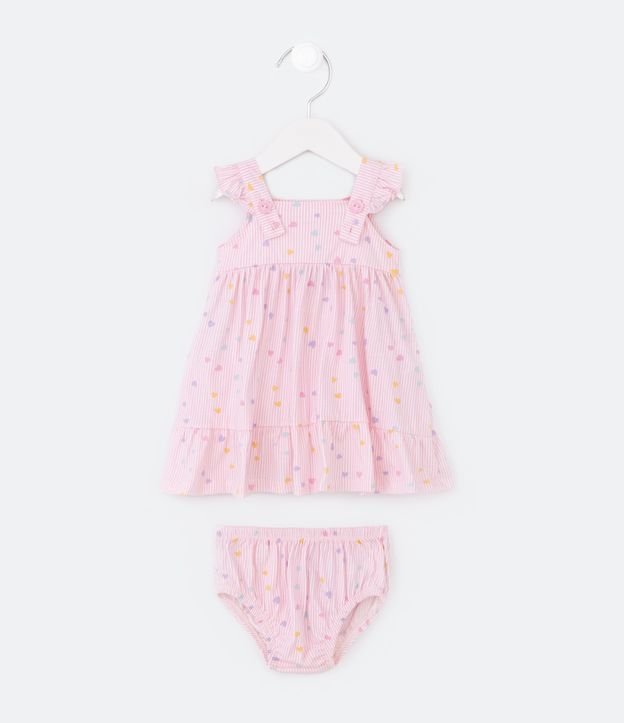 Vestido Infantil Listrado com Corações e Acompanha Calcinha - Tam 0 a 18 meses
