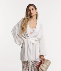 Saída de Praia Kimono em Algodão com Manga Bufante e Amarração na Cintura