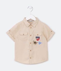 Camisa Infantil em Sarja com Patchs Bordados de Bandeirinhas e Ursinho - Tam 1 a 5 Anos