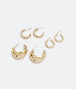 Kit 03 Brincos Argolas em Metal com Formatos Diversos