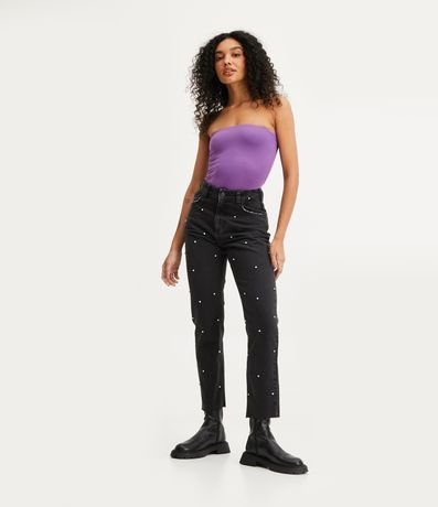 Calça Reta Cintura Alta em Jeans com Barra a Fio e Brilhos Menor preço em Calça Reta Cintura Alta em Jeans com Barra a Fio e Brilhos
