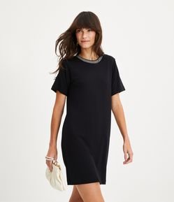 Vestido Curto em Viscose com Manga Curta e Gola em Tricô