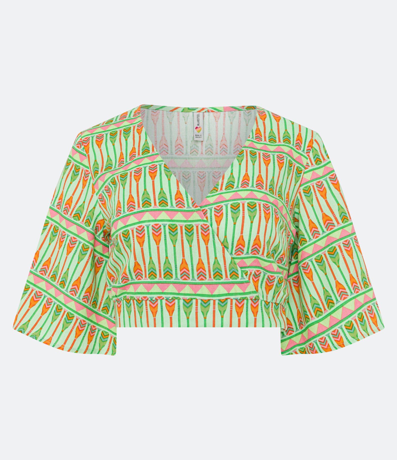 Blusa Cropped em Linho com Decote Transpassado e Manga Morcego 3/4 Verde 1
