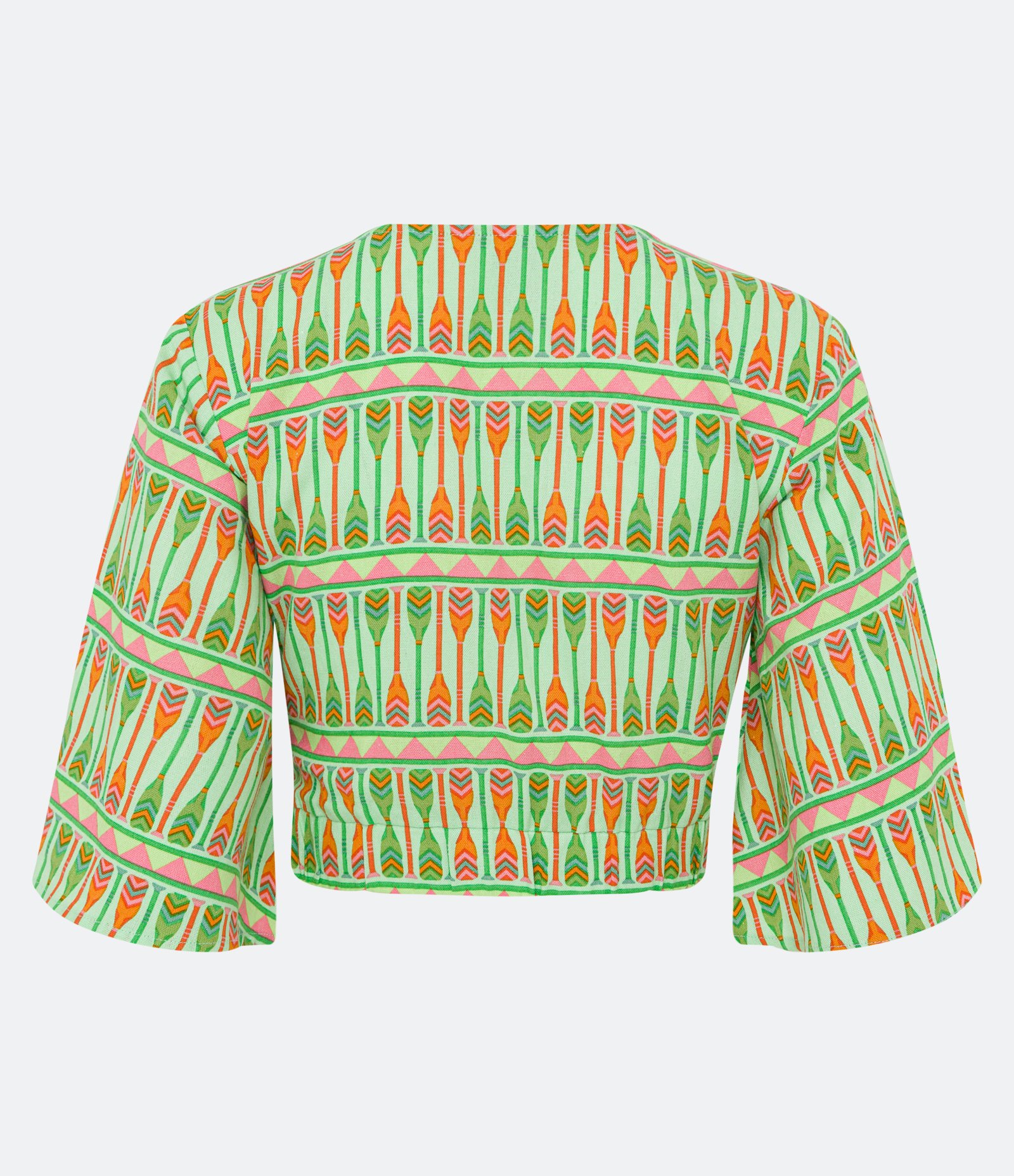 Blusa Cropped em Linho com Decote Transpassado e Manga Morcego 3/4 Verde 2