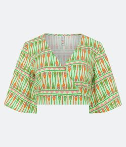 Blusa Cropped em Linho com Decote Transpassado e Manga Morcego 3/4