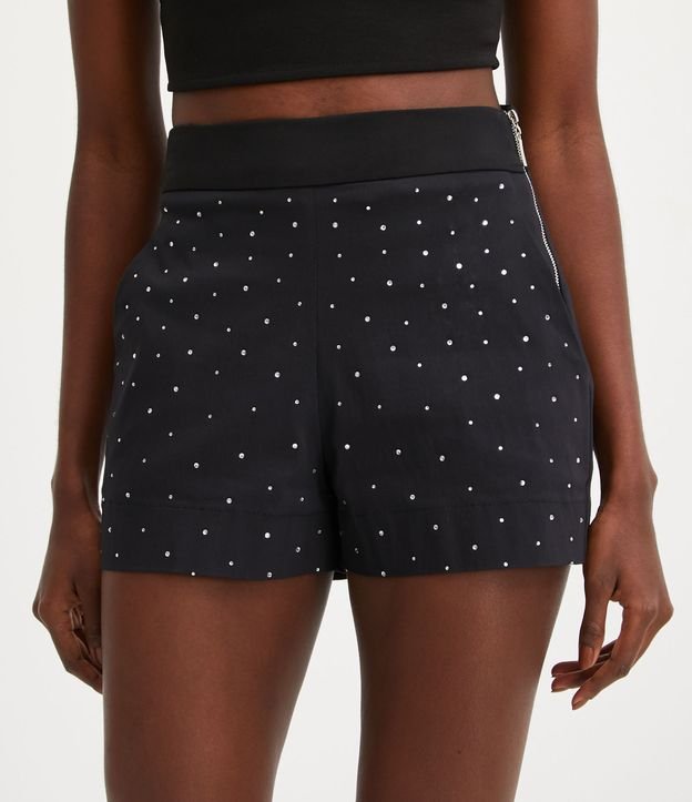 Short em Bengaline com Zíper Tratorado e Bolinhas de Strass Preto 2