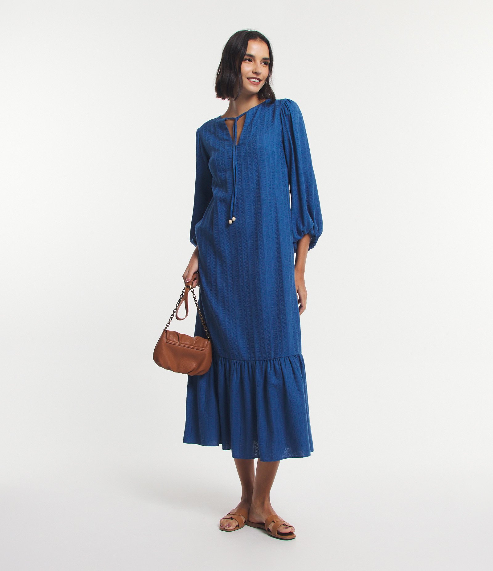 Vestido Midi em Algodão Maquinetado com Babado na Barra Azul 2