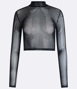 Blusa Cropped em Tule com Golinha Alta e Brilhinhos