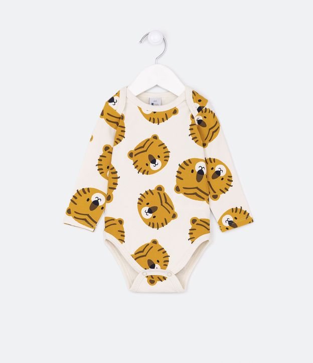 Body Infantil em Cotton com Estampa Carinhas de Tigre - Tam 0 a 24 meses - Cor: Bege - Tamanho: Recém Nascido