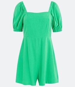 Macaquinho em Linho Texturizado com Manga Bufante e Zíper nas Costas