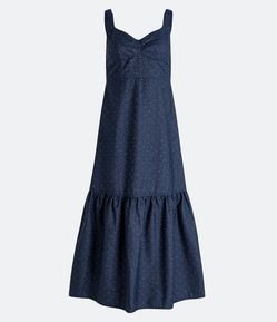 Vestido Longo de Alça em Jeans com Poás Estampados e Barra Franzida