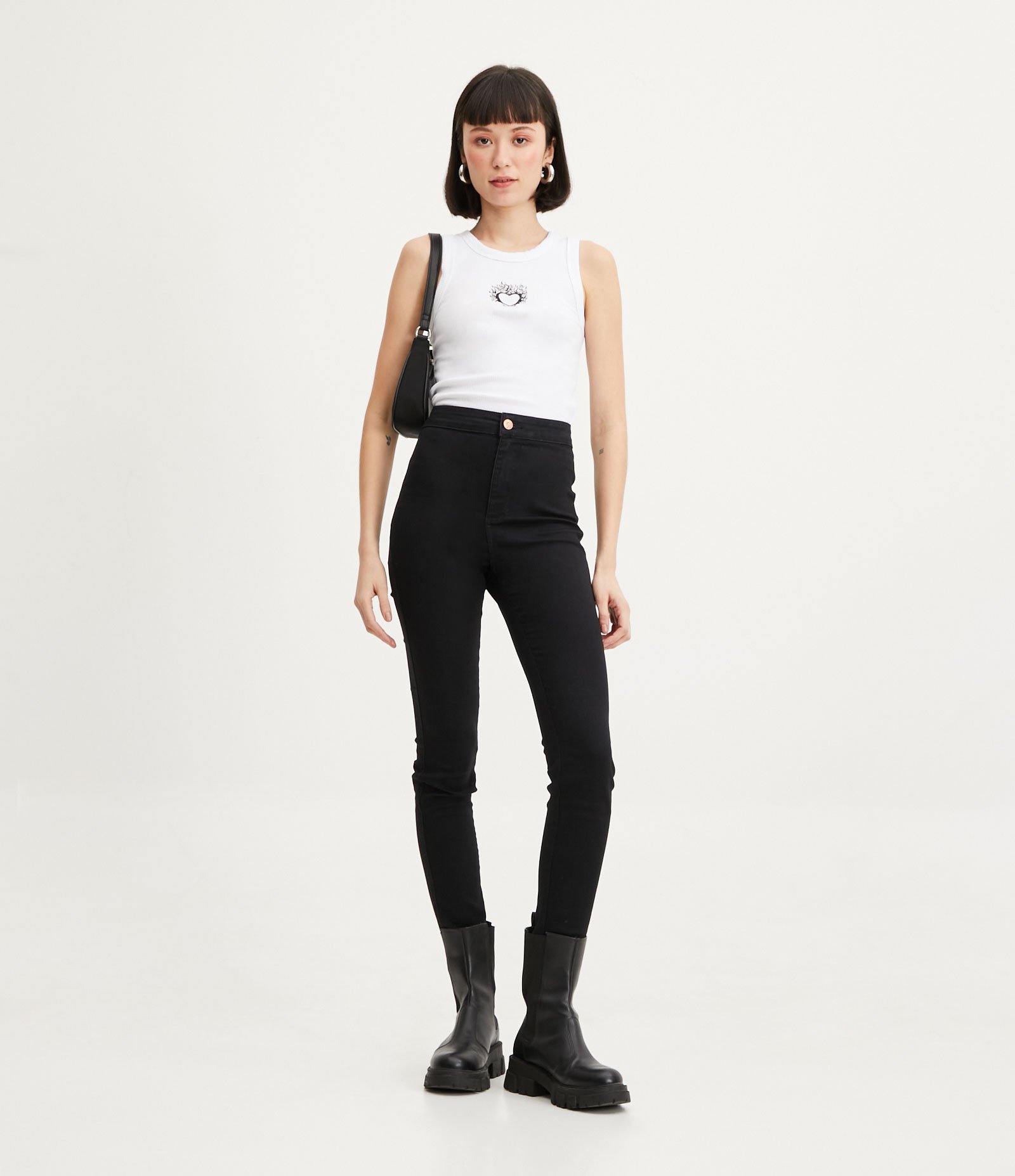 Calça Disco Pants Cintura Alta em Jeans com Bolsos Traseiros Preto 1