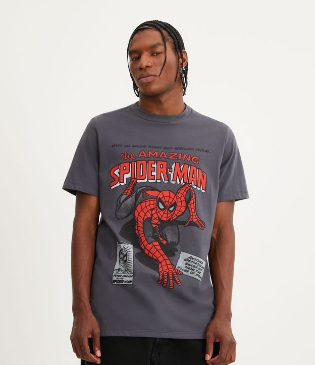 Camiseta Regular em Meia Malha com Estampa Spider Man - Cor: Cinza Escurp - Tamanho: PP