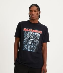 Camiseta Regular em Meia Malha com Estampa Iron Maiden Faces do Eddie