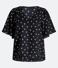 Blusa Manga Evasê em Crepe com Macaquinhos Estampados