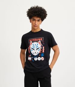 Camiseta Regular em Meia Malha com Estampa Kitsune