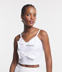 Blusa Cropped de Alça em Jacquard com Laços Frontais