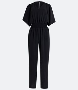 Macacão Longo Manga Curta com Elástico na Cintura