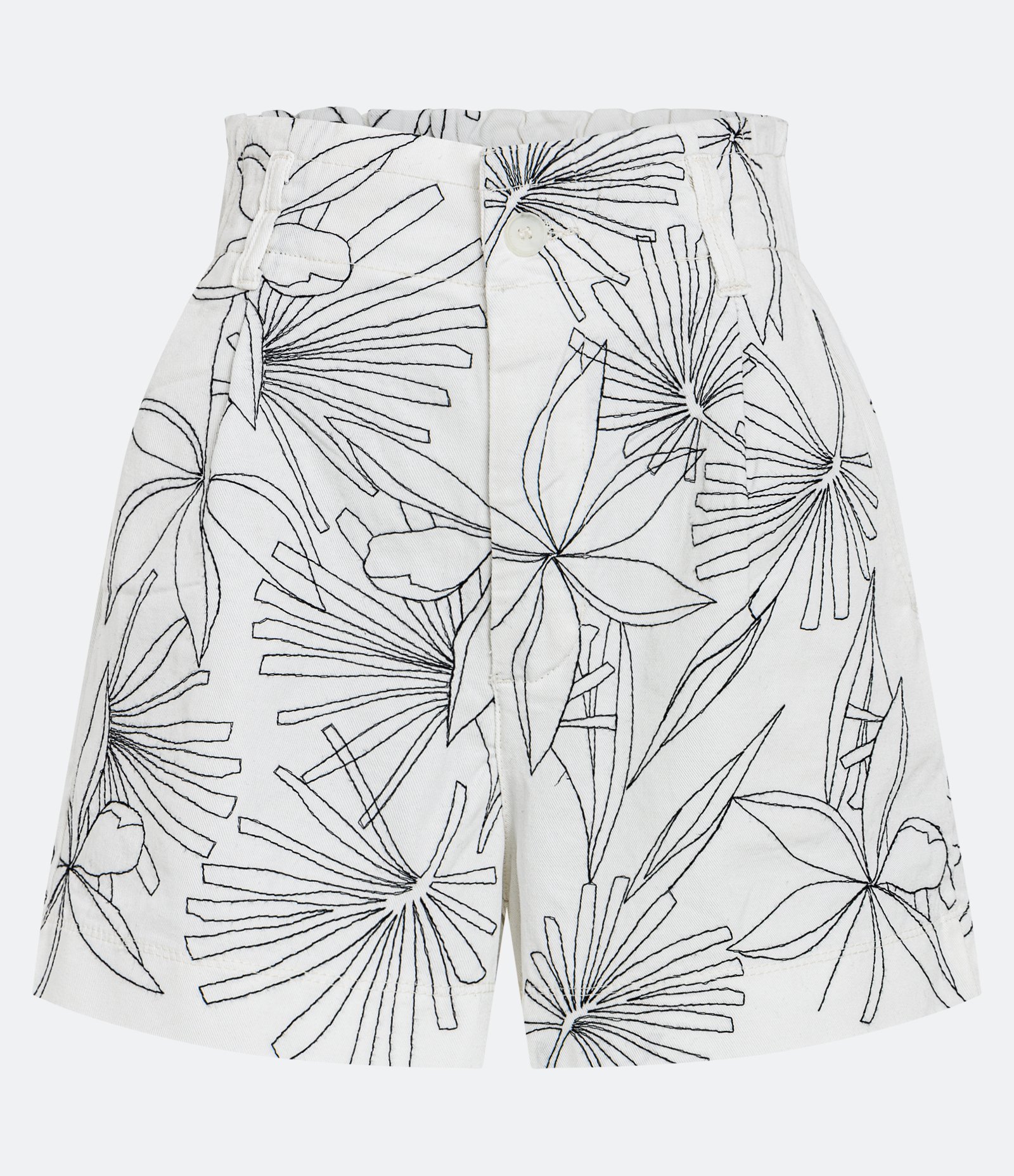 Short Curto em Sarja com Bordado de Folhagem Branco 1
