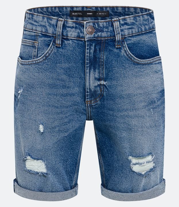 Bermuda Skinny Jeans Puídos e Barra Dobrada Azul 5