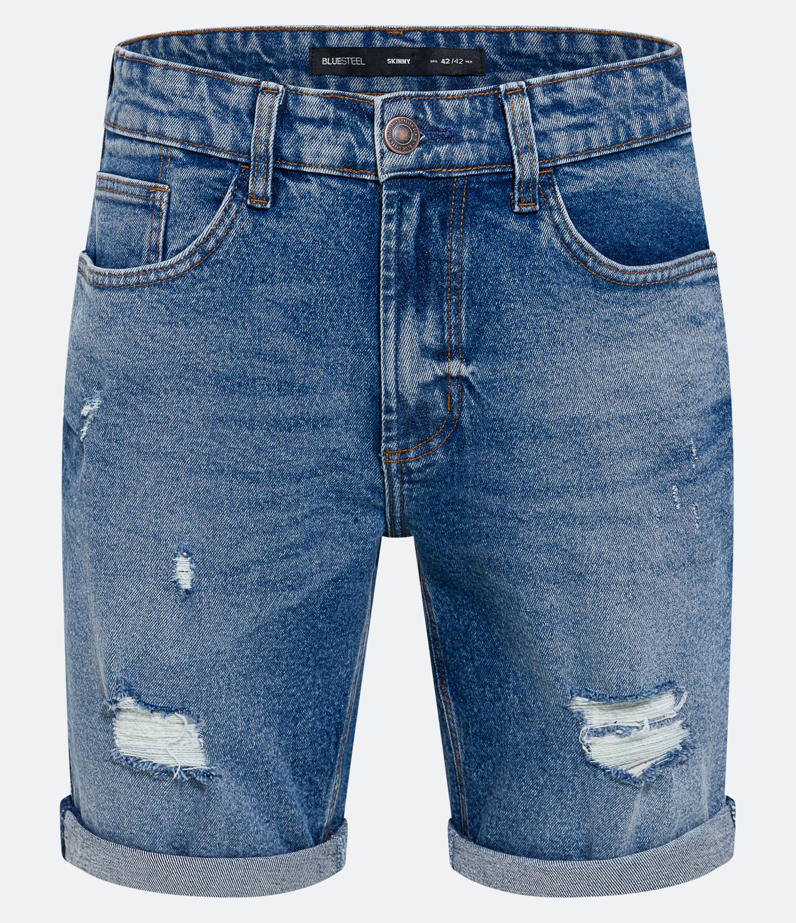 Bermuda Skinny Jeans Puídos e Barra Dobrada Azul 1