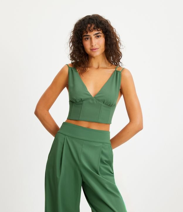 Blusa Cropped Alfaiatada com Barbatanas Verde 1