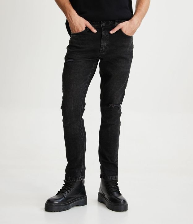 Calça Skinny Jeans com Mini Puídos Preto 2