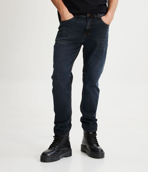 Calça Slim Jeans com Bolsos e Pesponto Contrastante Azul Escuro 2