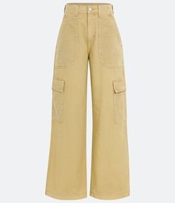 Calça Wide Leg Cintura Alta em Sarja com Bolsos Cargo