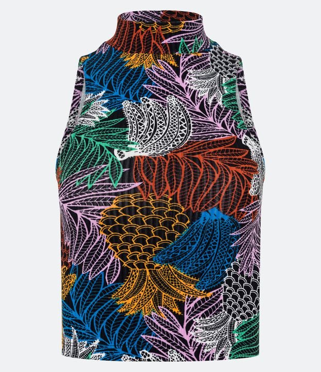 Blusa Cropped Sem Mnaga em RIbana com Estampa Tropical Colorida Multicores 5