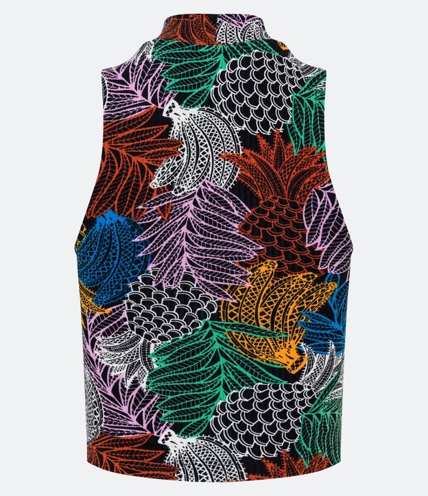 Blusa Cropped Sem Mnaga em RIbana com Estampa Tropical Colorida Multicores 7