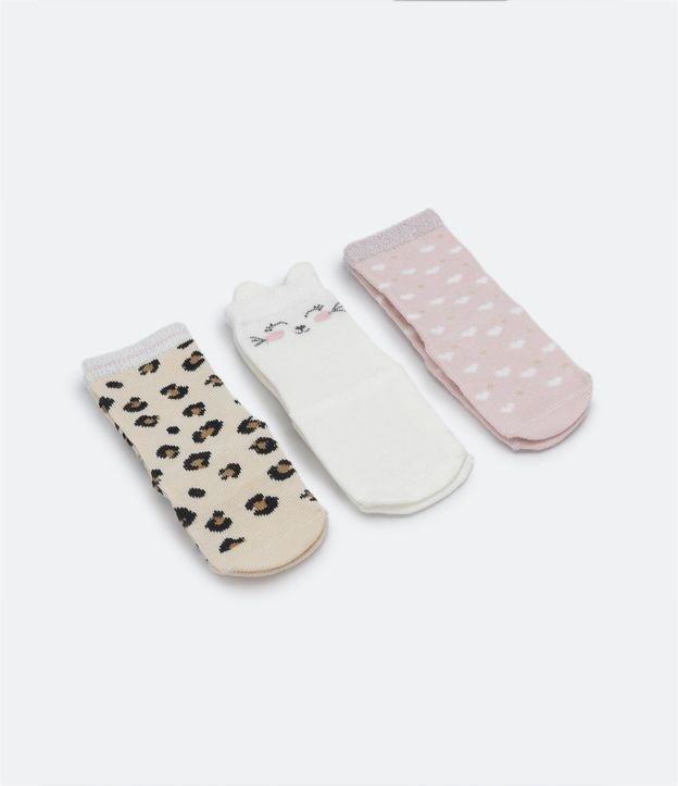 Kit 03 Pares de Meias Infantis com Estampa de Corações Gatinha e Oncinha - Tam 0 a 12 meses