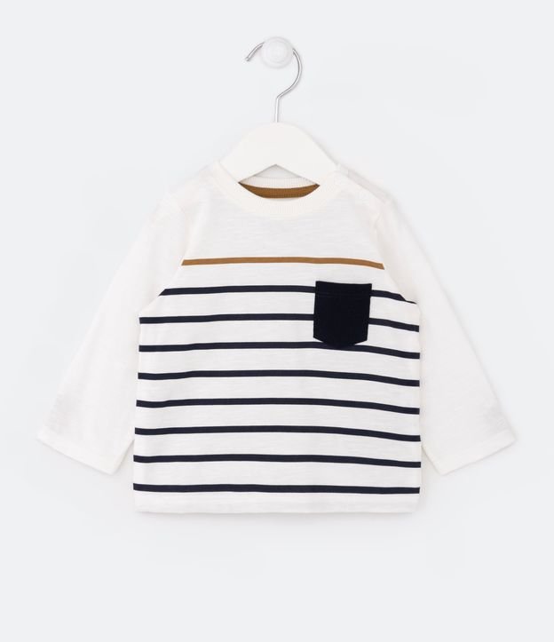 Camiseta Infantil com Listras e Bolsinho Contrastante - Tam 3 a 18 meses - Cor: Branco Neve - Tamanho: 9-12M
