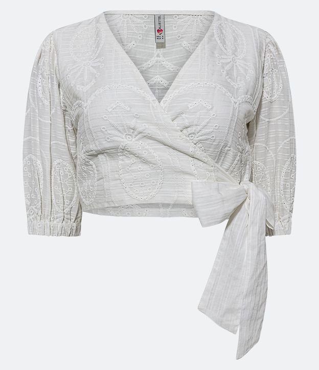 Blusa Cropped em Laise com Bordados de Abacaxi e Decote Transpassado Branco 6
