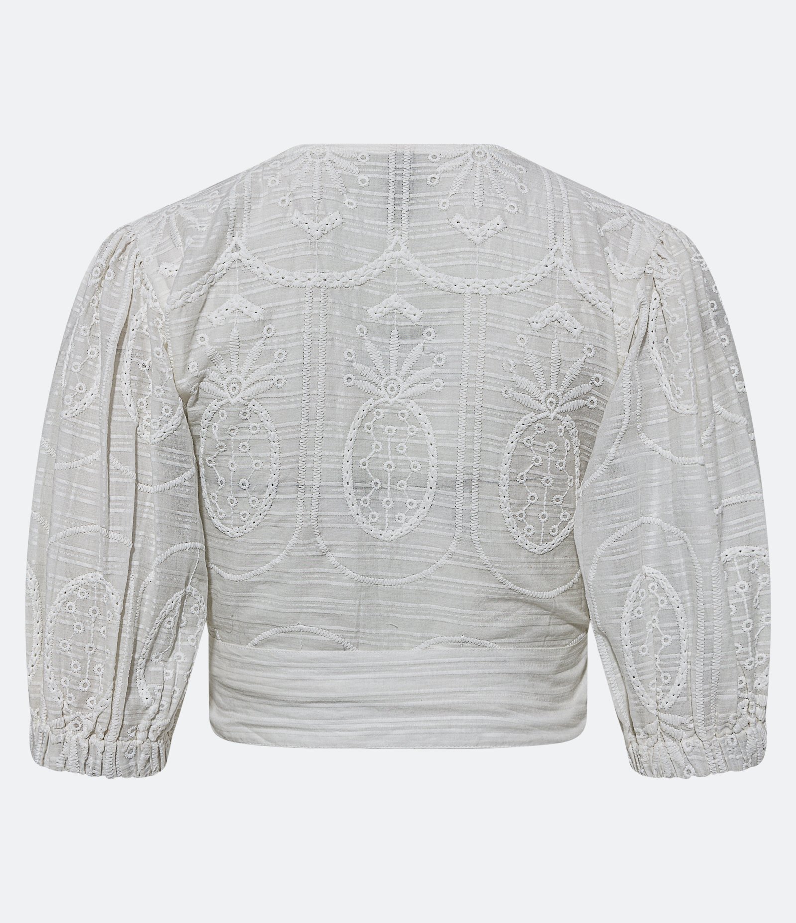 Blusa Cropped em Laise com Bordados de Abacaxi e Decote Transpassado Branco 3