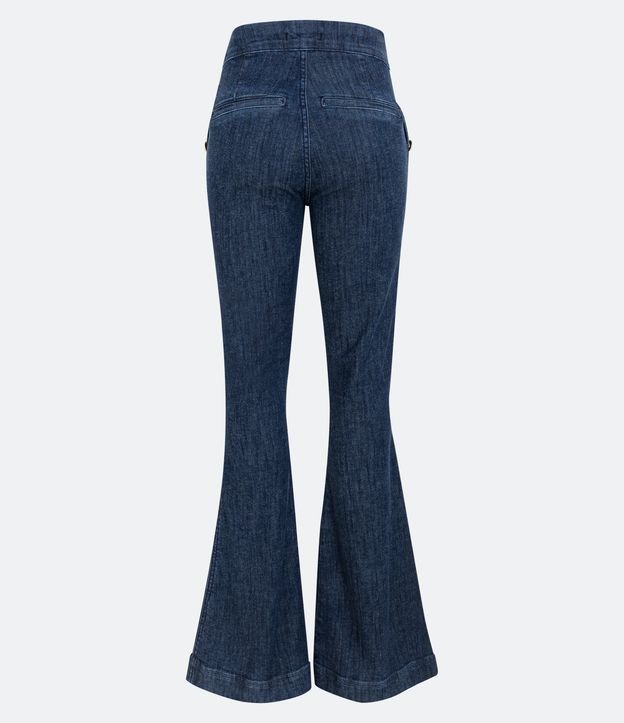 Calça Flare Jeans Cintura Alta com Botões Laterais Azul Escuro 6