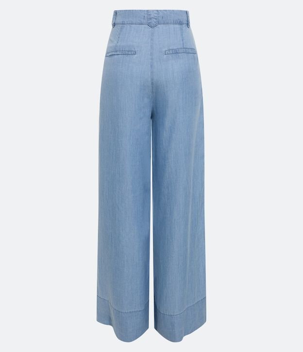 Calça Pantalona Cintura Alta em Jeans com Pregas e Bolsos Azul 6