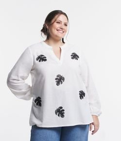 Blusa em Linho com Manga 7/8 e Bordado Folhagem Curve & Plus Size