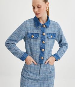 Jaqueta em Sarja com Estampa Xadrez Tweed