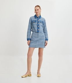 Saia Curta em Sarja com Efeito Xadrez Tweed