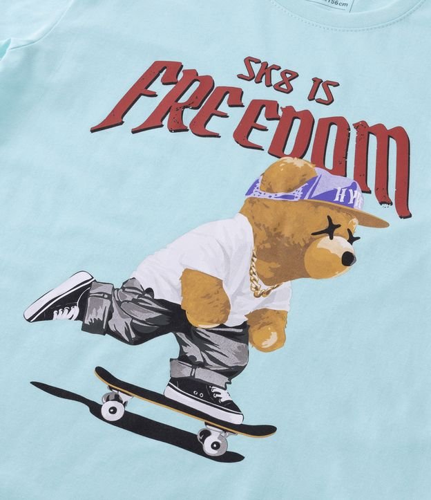 Camiseta Infantil Estampa Urso de Skate - Tam 5 a 14 Anos Azul 3