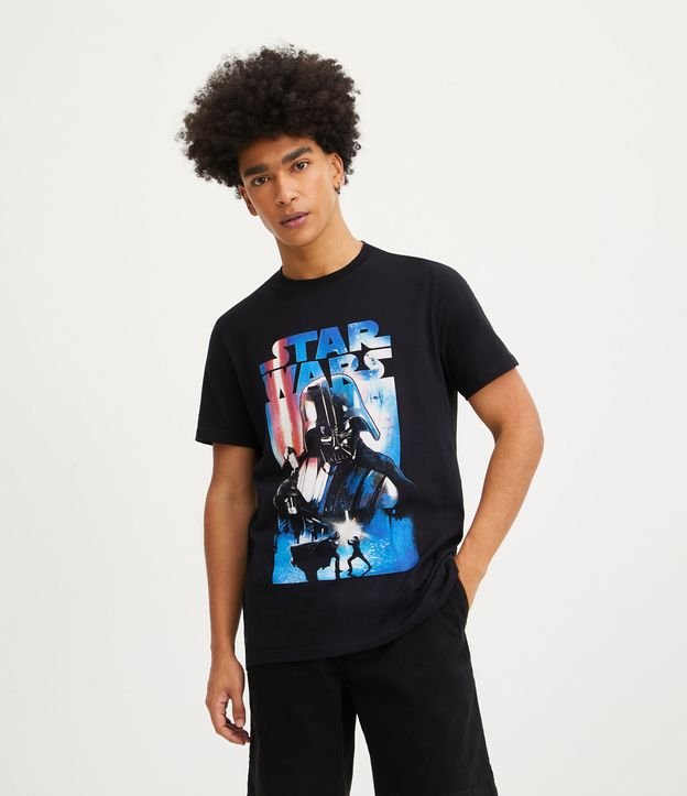 Camiseta Regular em Meia Malha com Estampa Darth Vader - Cor: Preto - Tamanho: P