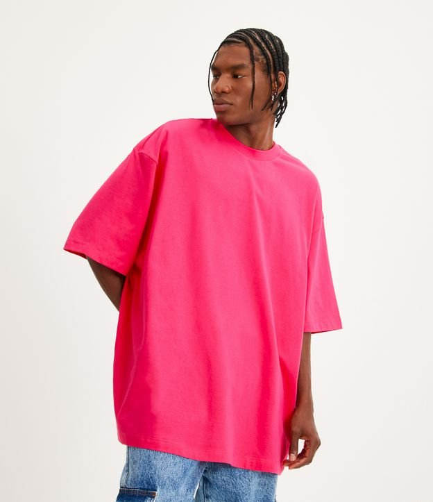 Camiseta Oversized em Meia Malha com Etiqueta Aplicada Rosa 1