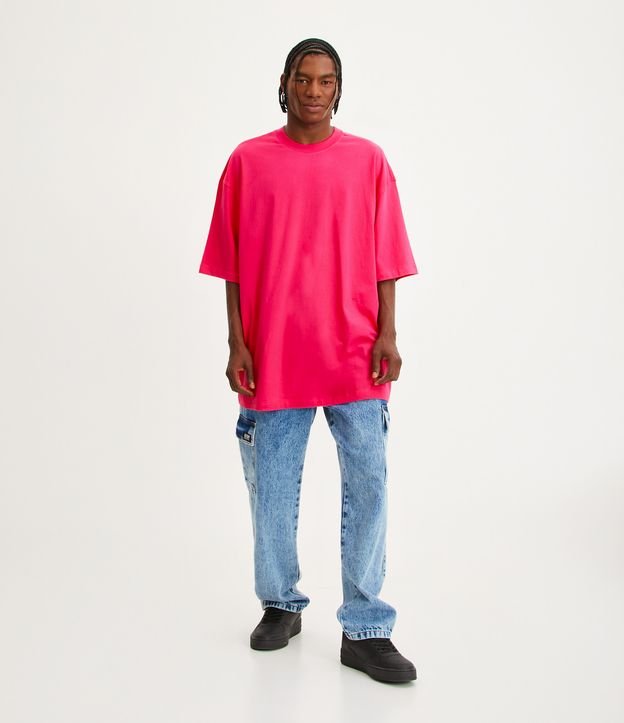 Camiseta Oversized em Meia Malha com Etiqueta Aplicada Rosa 2