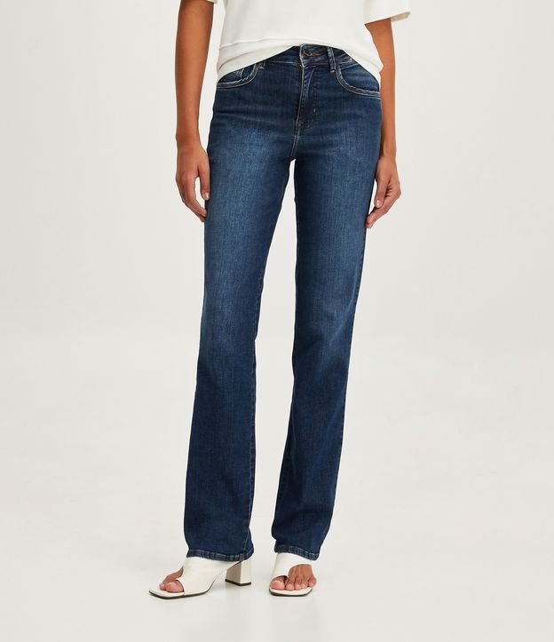 Calça Reta Jeans com Cintura Média Azul 1
