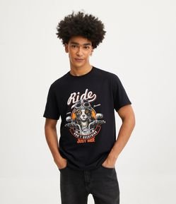 Camiseta Regular em Meia Malha com Estampa Gato Motobiker