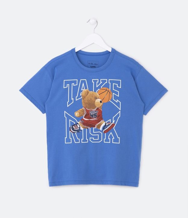 Camiseta Infantil Estampa Ursinho Jogador de Basquete - Tam 5 a 14 Anos Azul 1