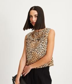 Blusa Sem Manga em Chiffon Animal Print com Babadinhos Frontais