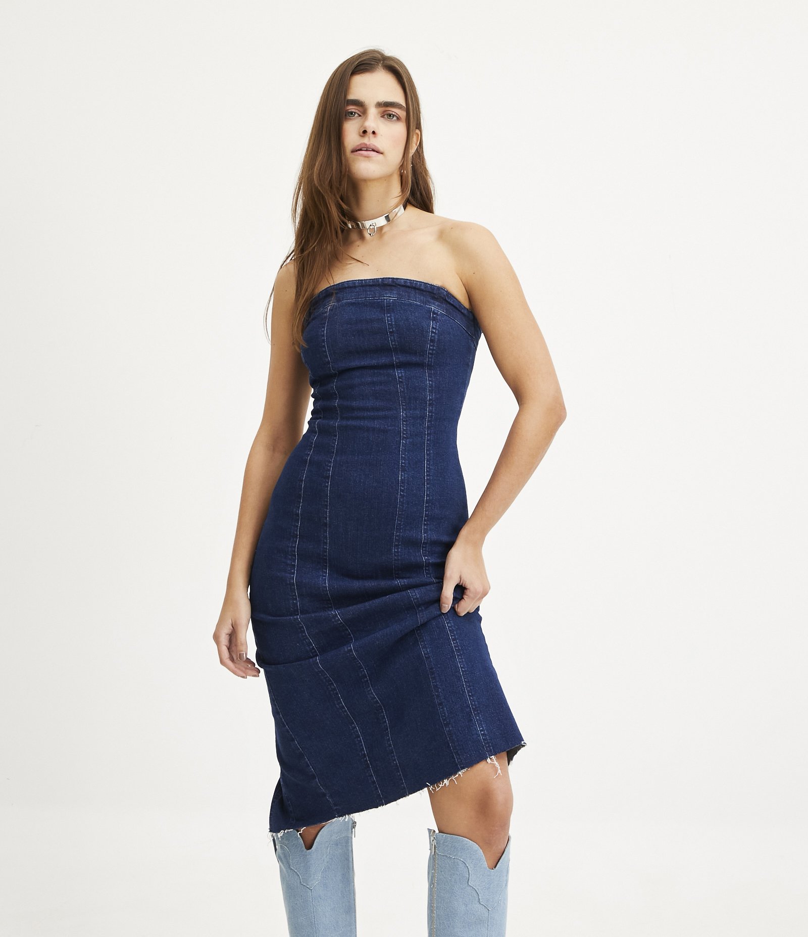 Vestido Midi Jeans com Fechamento em Zíper e Fenda nas Costas Azul Escuro 1