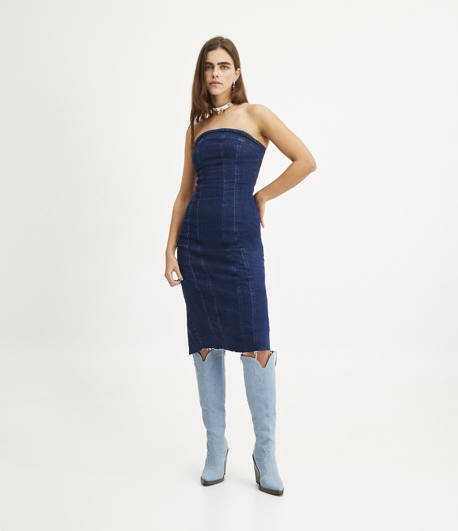 Vestido Midi Jeans com Fechamento em Zíper e Fenda nas Costas Azul Escuro 2